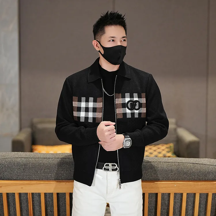 2025秋冬新款时尚个性设计男士加棉夹克针织百搭休闲翻领保暖外套