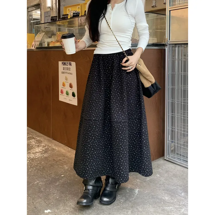 碎花加厚呢子休闲半身裙女2025秋季新款高腰显瘦百搭A字中长裙潮