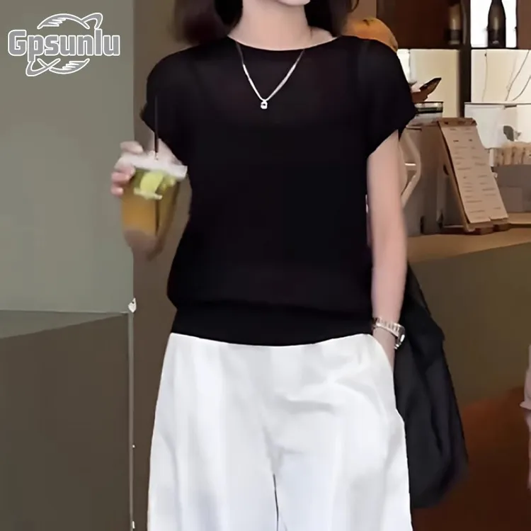 gpsunlu设计感黑色镂空短袖针织衫女大码夏季宽松小个子露背上衣