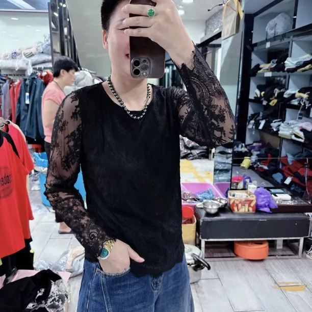 新款里外穿优质蕾丝圆领百搭上衣8825欧美