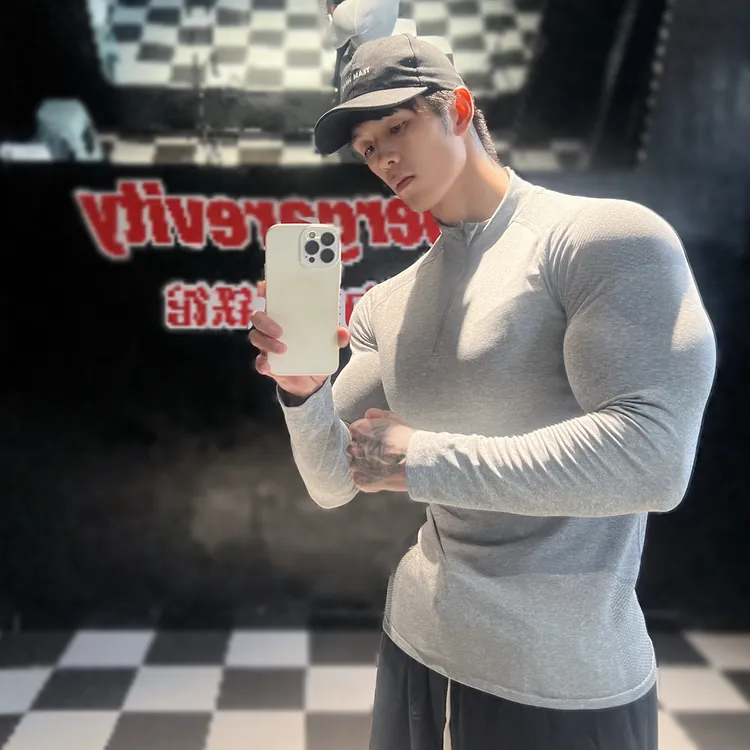 美式无缝提花圆领长袖弹力速干运动显大透气上衣休闲训练T恤