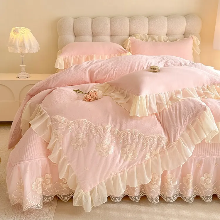 韩式公主风花边夹棉床盖款四件套被套少女心床罩单水洗棉床上用品