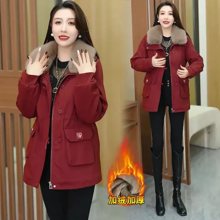 中长款毛领派克服女士2025年冬季新款加绒加厚保暖显瘦百搭外套潮