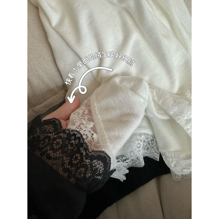 晶咕【南坪晚风】镂空钩花针织背心圆领长袖蕾丝小衫套装