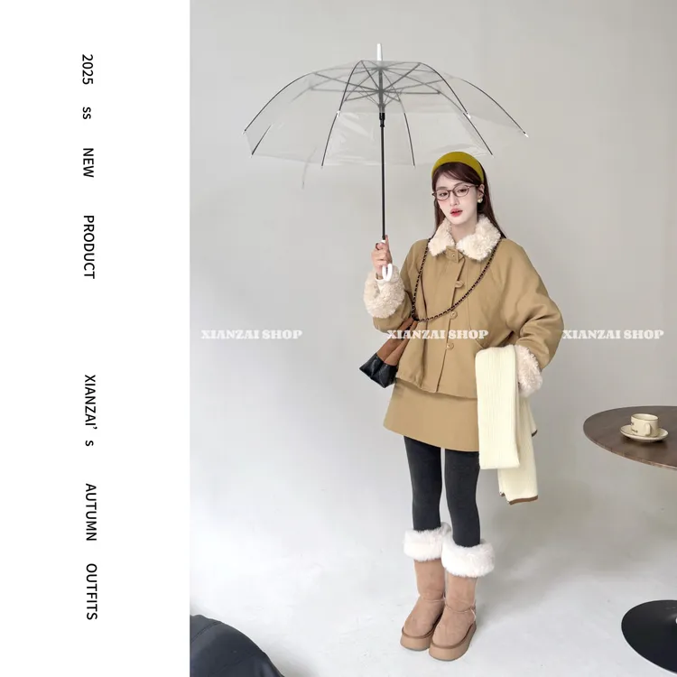 XIANZAI【抹茶奶昔】冬季新款工装翻领加厚羽绒服外套短裙两件套装