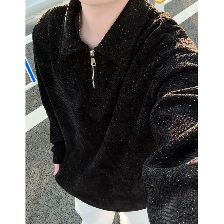 雪尼尔满天星银丝人字纹翻领卫衣男秋冬加绒加厚半拉连polo衫外套