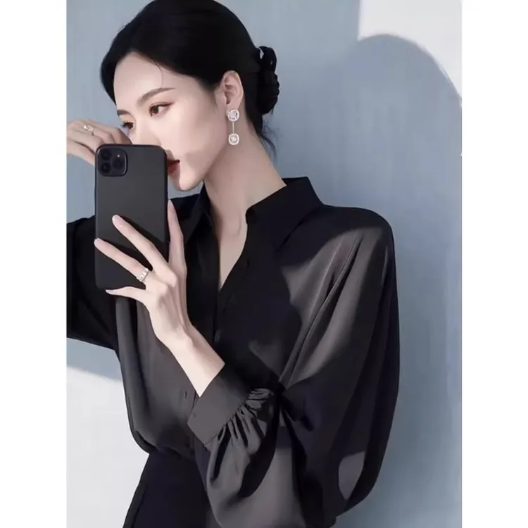 法式黑色防晒长袖衬衫女春夏高端休闲防晒衣时尚轻熟小众翻领上衣