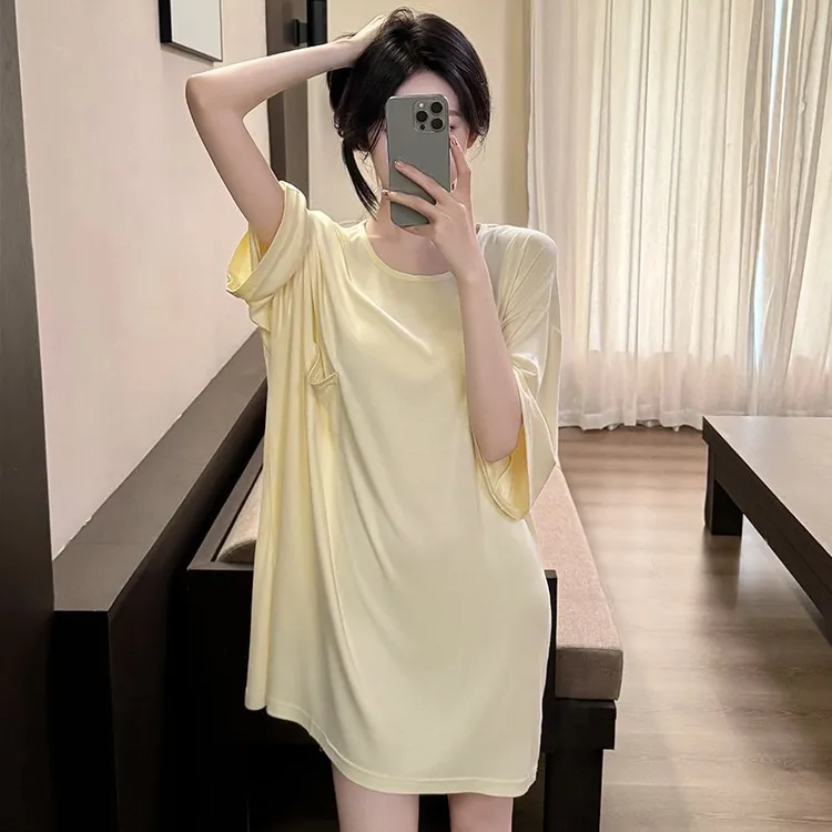 夏季薄款莫代尔睡裙短袖大码慵懒风中长款半袖T恤裙睡衣家居服