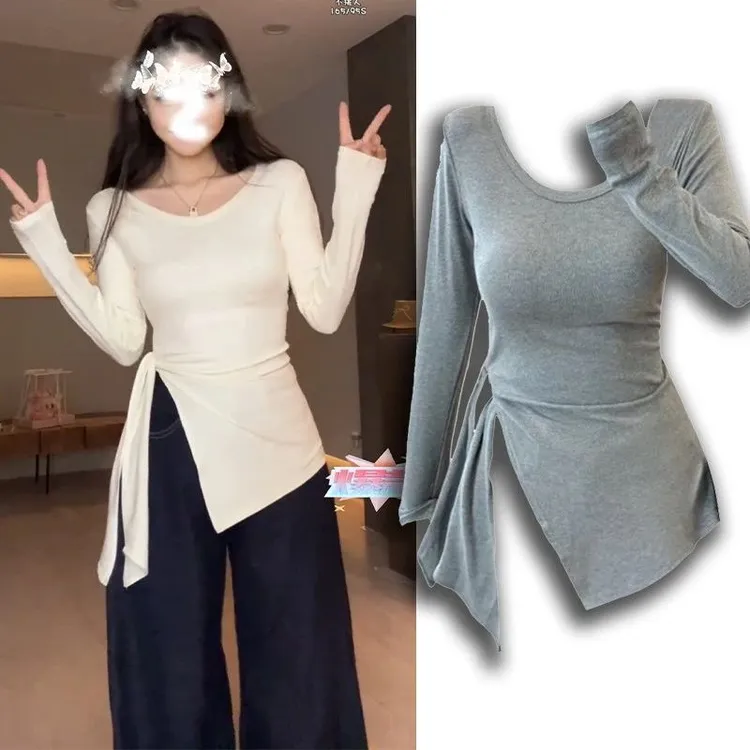 胖mm大码女装中长款修身显瘦长袖T恤不规则开叉绑带打底衫上衣