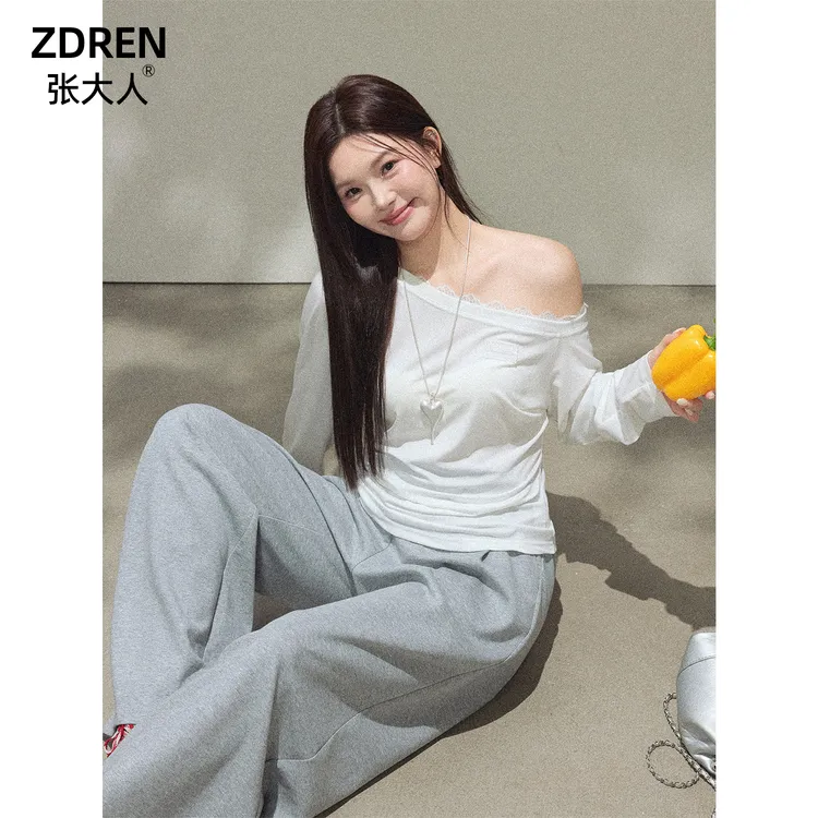 张大人【费城假日】大码女装微胖妹妹春秋修身斜肩上衣休闲裤子套装
