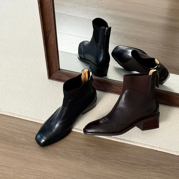 HUSSLOVE 头层羊皮·跟高5CM·休闲韩版后拉链方头粗跟短靴瘦瘦靴