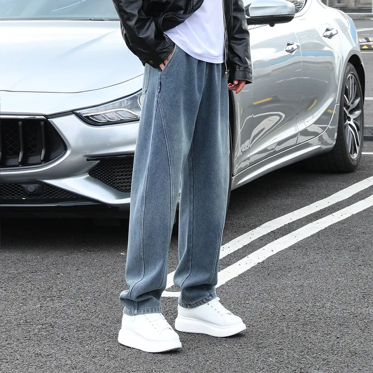 人字纹弯刀牛仔裤男款宽松休闲男裤美式高街复古水洗蓝色牛仔长裤