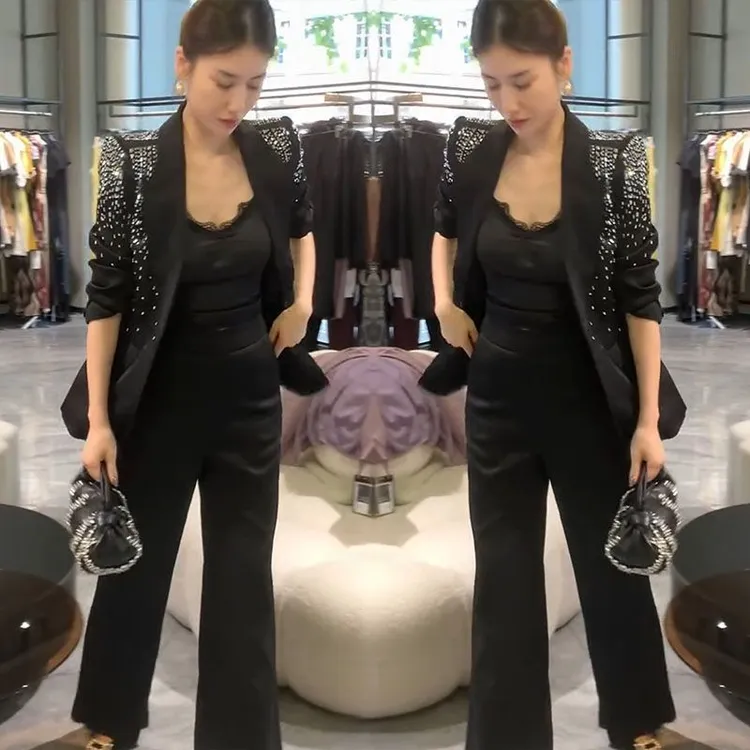 80225秋新款轻奢镶钻西装裤子套装高级重工职业西服阔腿裤两件套