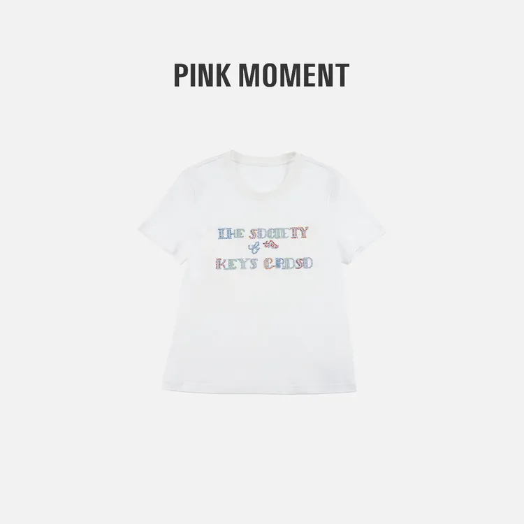 PM王囡囡 白色圆领彩珠刺绣短T恤 ND1A0321