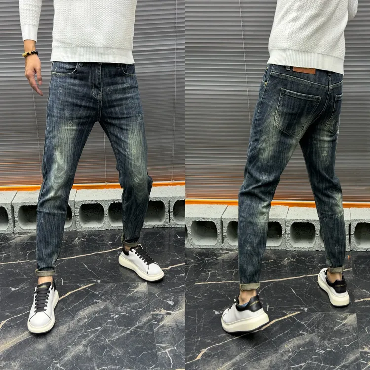 欧货设计感波浪马赛克弹力男士牛仔裤春秋季小脚休闲痞帅时尚个性