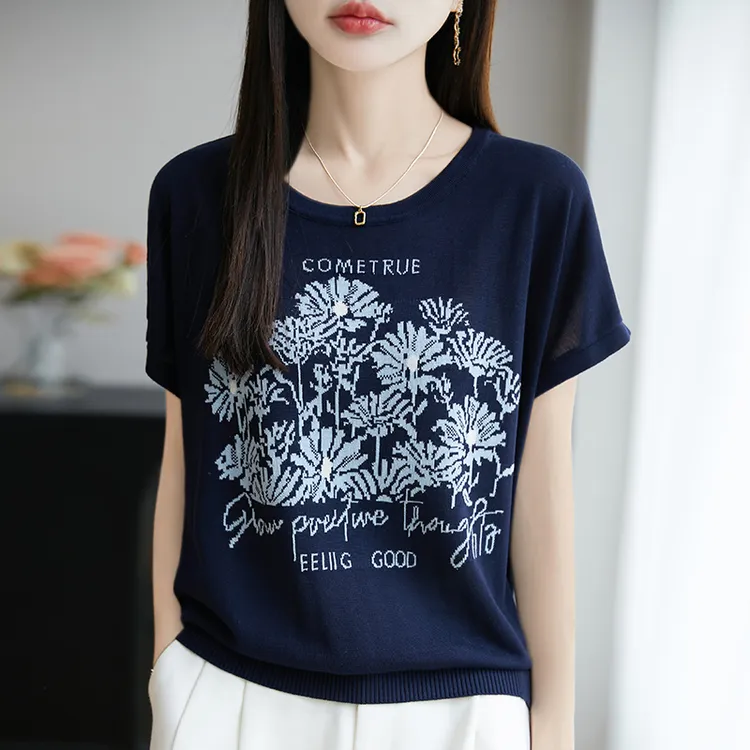 哥弟阿玛施正品桑蚕丝T恤短袖夏季新款时尚绣花套头针织衫宽松