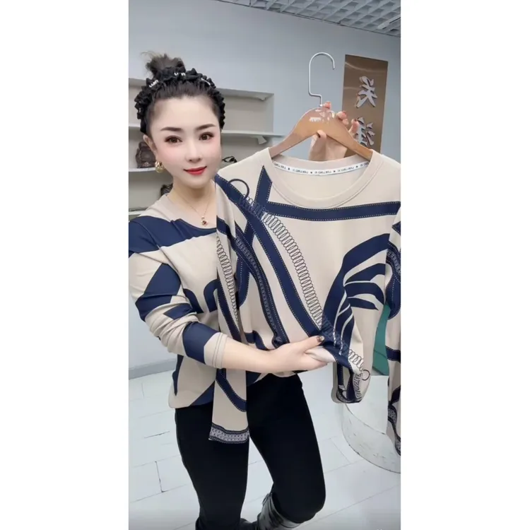 网红t恤女2025秋冬新款设计感小众内搭气质百搭印花圆领长袖上衣