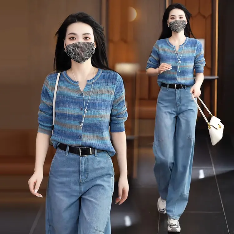 2025春秋季新款女士时尚条纹长袖毛针织开衫宽松显瘦百搭外套上衣