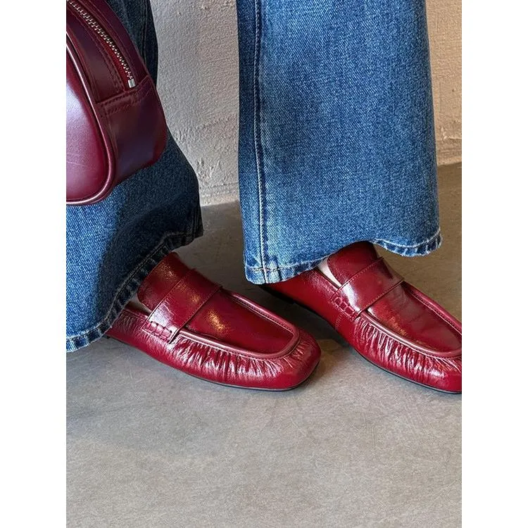 皮圆趾平底鞋底滑上深口女式休闲鞋2025新款夏季小皮鞋黑色和红色