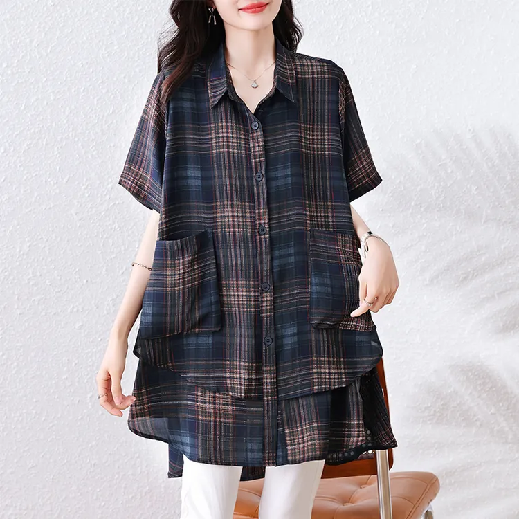 复古洋气格子短袖衬衫女2025新款夏季大码胖mm宽松中长款遮肚上衣