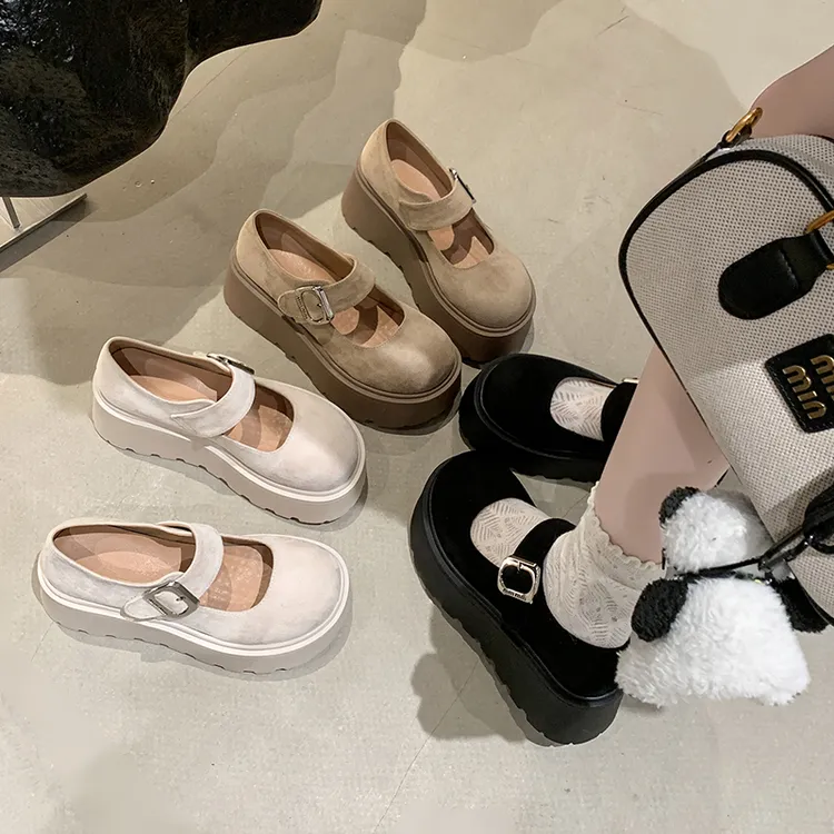 松糕厚底玛丽珍鞋女2025春季新款绒面复古百搭小个子增高勃肯单鞋