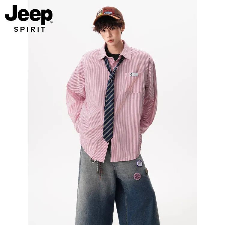 JEEPSPIRIT条纹长袖衬衫男女秋美式简约宽松翻领衬衣ins休闲外套