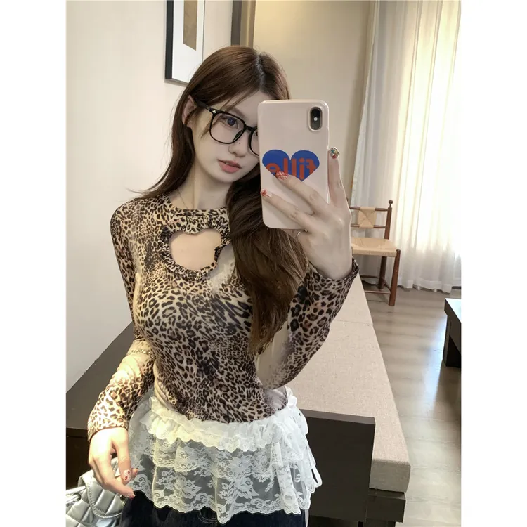 豹纹满印镂空长袖T恤辣妹风修身短款白色叠穿系带屁帘