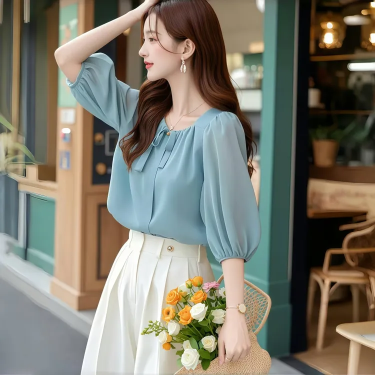减龄好看韩系chic别致通勤上衣休闲蓝色半袖雪纺衬衫2025夏季新款