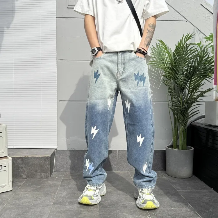 水洗撞色自然牛仔裤印花潮流嘻哈百搭宽松2025男士牛仔休闲裤长裤