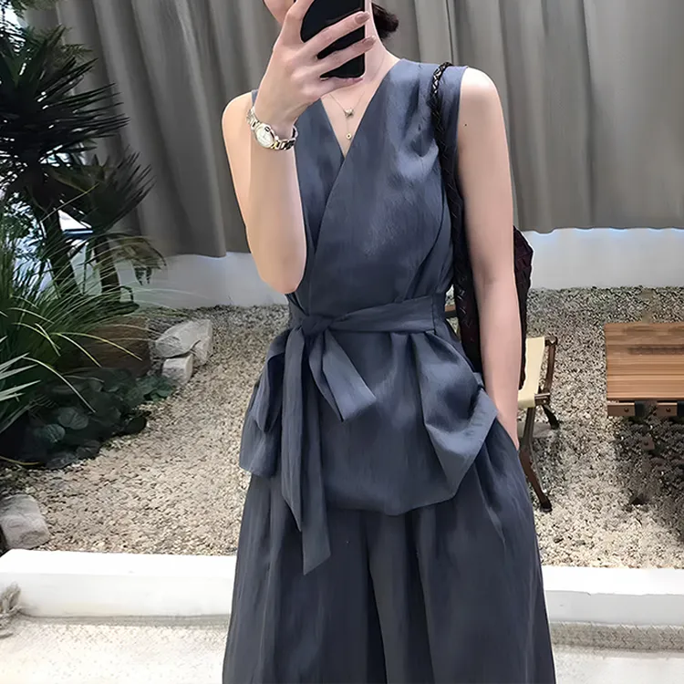 气质V领系带无袖收腰上衣夏季新款高腰阔腿裤两件套女
