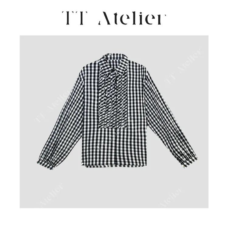 TT设计师【山海】法式条纹格子衬衫女春季新款气质长袖上衣TT250705