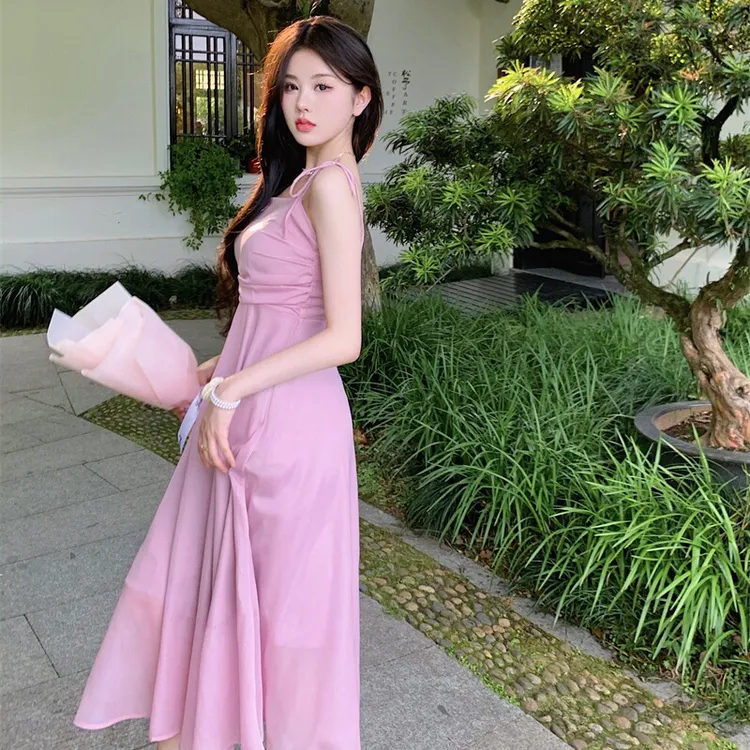 韩国2025年春夏季波西米亚碎花雪纺吊带连衣裙海边度假长裙沙滩裙