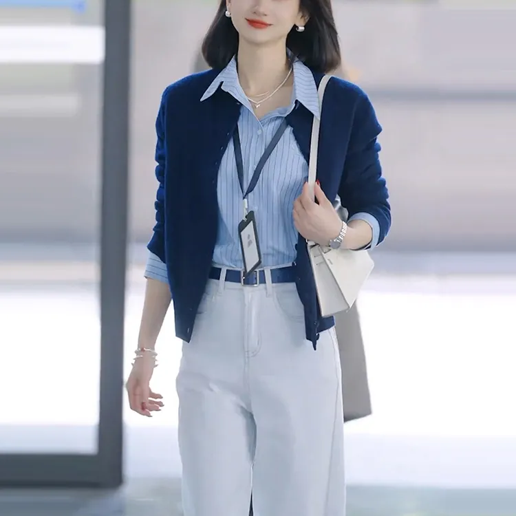 简约通勤一整套穿搭女春季新款条纹衬衫洋气开衫外套时髦两件套潮