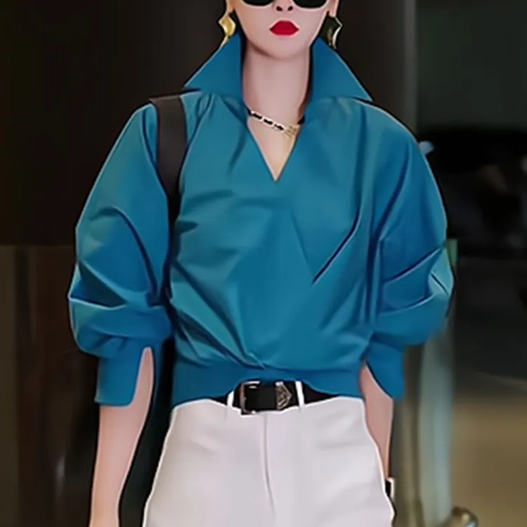 欧货蓝色翻领衬衫女2025秋季新款设计感宽松显瘦独特别致叠穿上衣