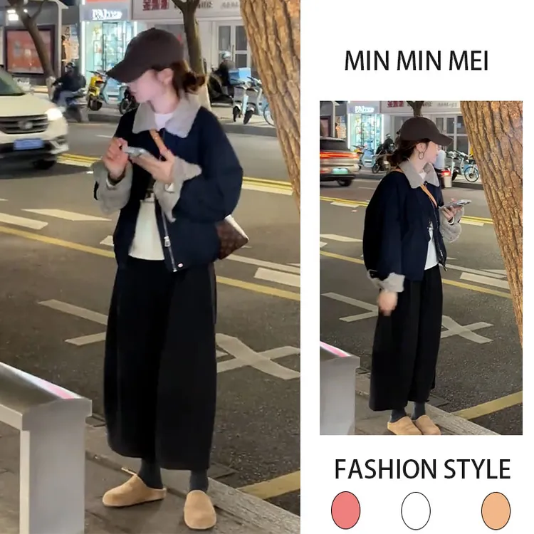 秋冬装INS小个子百搭保暖加厚方领外套休闲加绒阔腿裤显瘦两件套