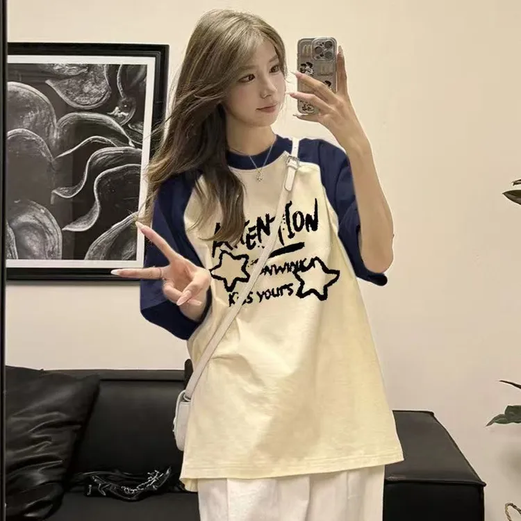 纯棉美式ins插肩短袖休闲韩版宽松t恤慵懒洋气衣服女拼色小个子