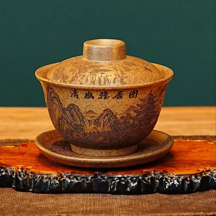 宜兴紫砂茶具  原矿龙背青泥料刻绘清幽雅居图盖碗