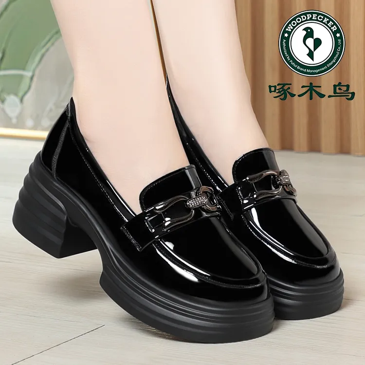 啄木鸟厚底乐福鞋女高跟鞋春秋款英伦风小皮鞋软皮黑色单鞋一脚蹬