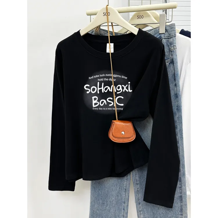 美式字母印花长袖t恤女装秋冬季新款打底衫胖mm大码圆领正肩上衣