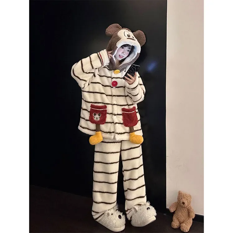 卡通米奇条纹连帽珊瑚绒睡衣女冬季保暖加绒加厚家居服可外穿套装