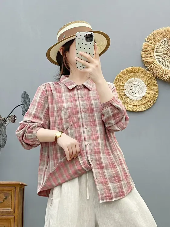 2025春季新款双层棉纱色织格纹衬衫百搭休闲上衣女8212