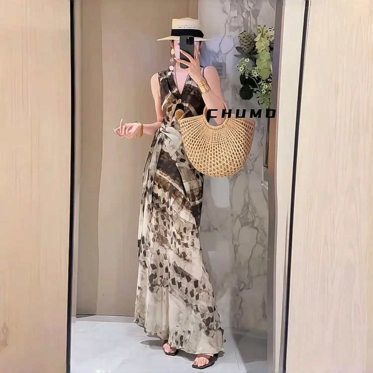 法式复古度假风晕染V领无袖连衣裙女夏季绑带收腰设计感小众长裙