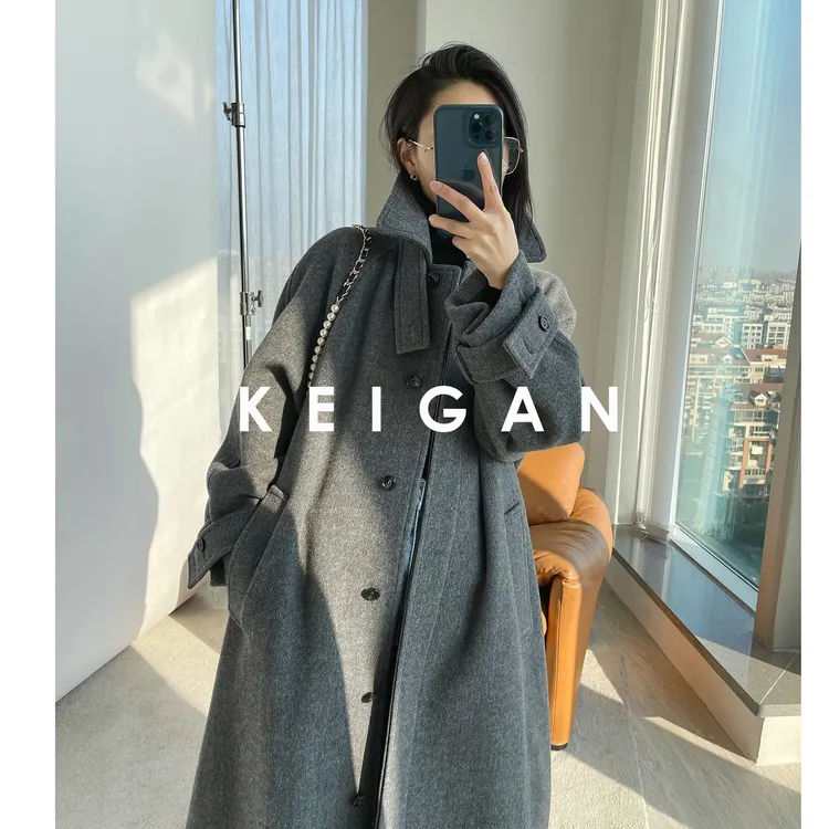 KEIGAN/开间黑标/时髦蝶变意大利进口彩点人字纹廓形鱿鱼大衣显瘦