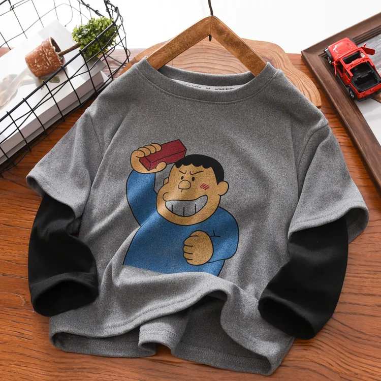 男童长袖T恤春秋冬季2025新中大童假两件儿童高弹德绒卡通打底衫