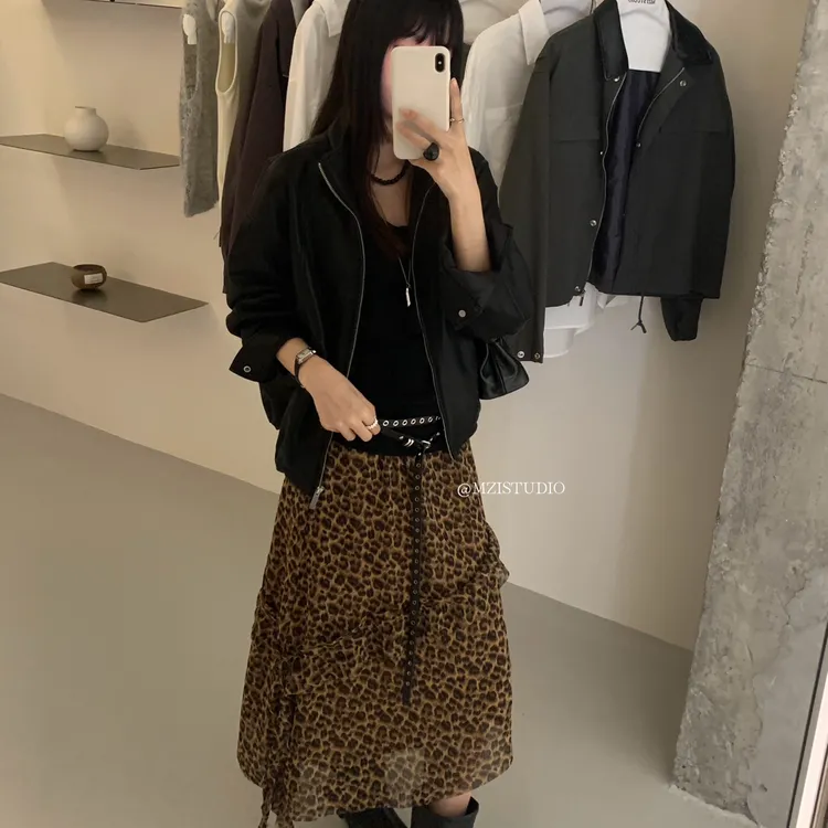 MZI STUDIO-个性时尚豹纹不规则下摆半身裙高腰显瘦小女人半身裙