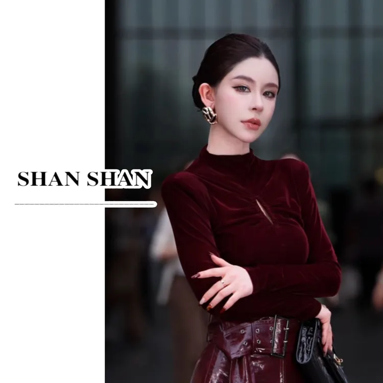SS姗姗 秋季新款时尚立领中间露美式长袖T恤上衣 50970184-341