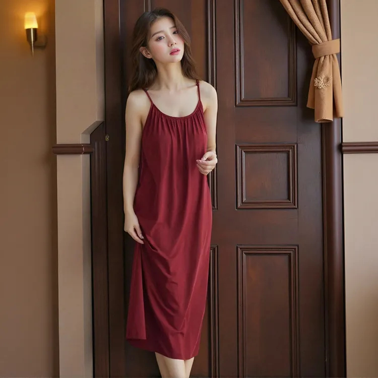 【带胸垫】吊带睡裙夏季睡衣女莫代尔棉新款凉感红色本命年家居裙