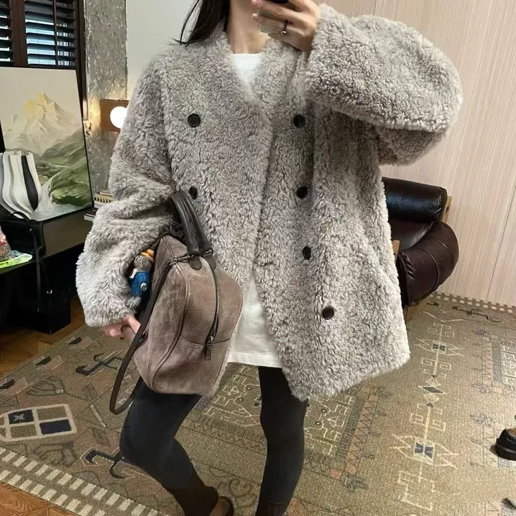 25新款 秋冬韩系100羊毛小众极简双排扣中长百搭羊毛一体外套-821