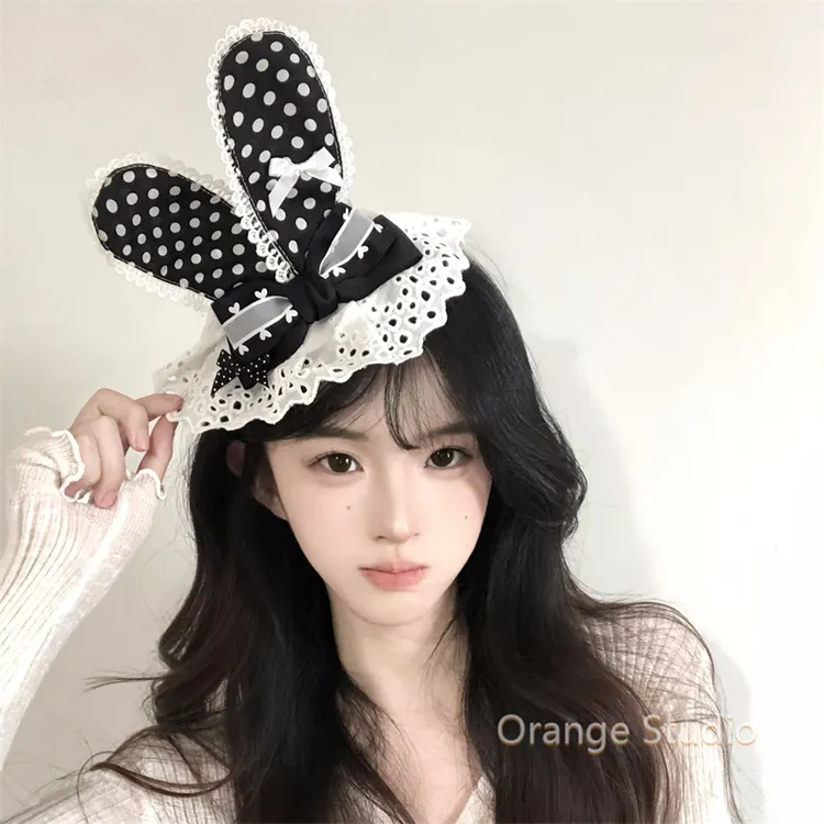 日系童趣古着感波点兔耳发夹可爱少女风甜妹蕾丝侧边夹发卡头饰女