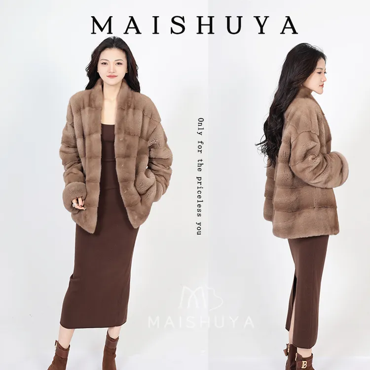 【阿飒】海宁品质100%毛大衣女全挖削横排水貂皮草女